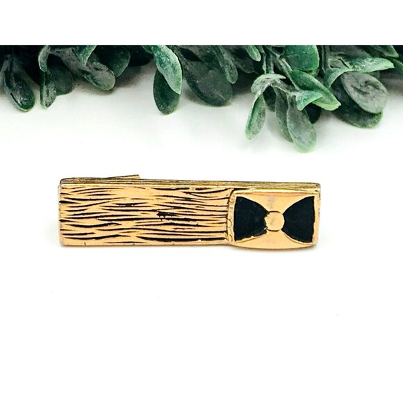 Vintage Gold-Toned Rectangular Tie Clip With Black Bow Tie Design - Picture 1 of 4